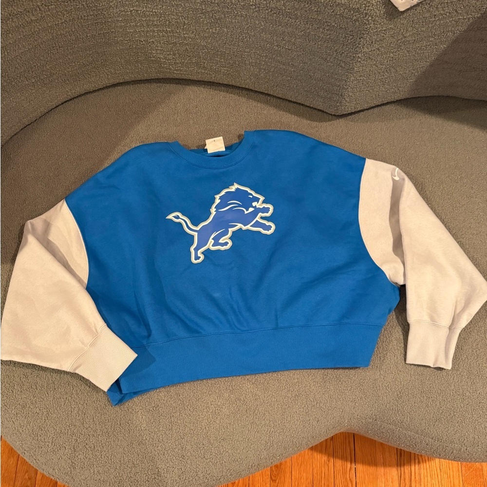 Detroit Lions Nike Blue Oversized Color-Block Pullover Sweatshirt Size Large - Picture 9 of 9